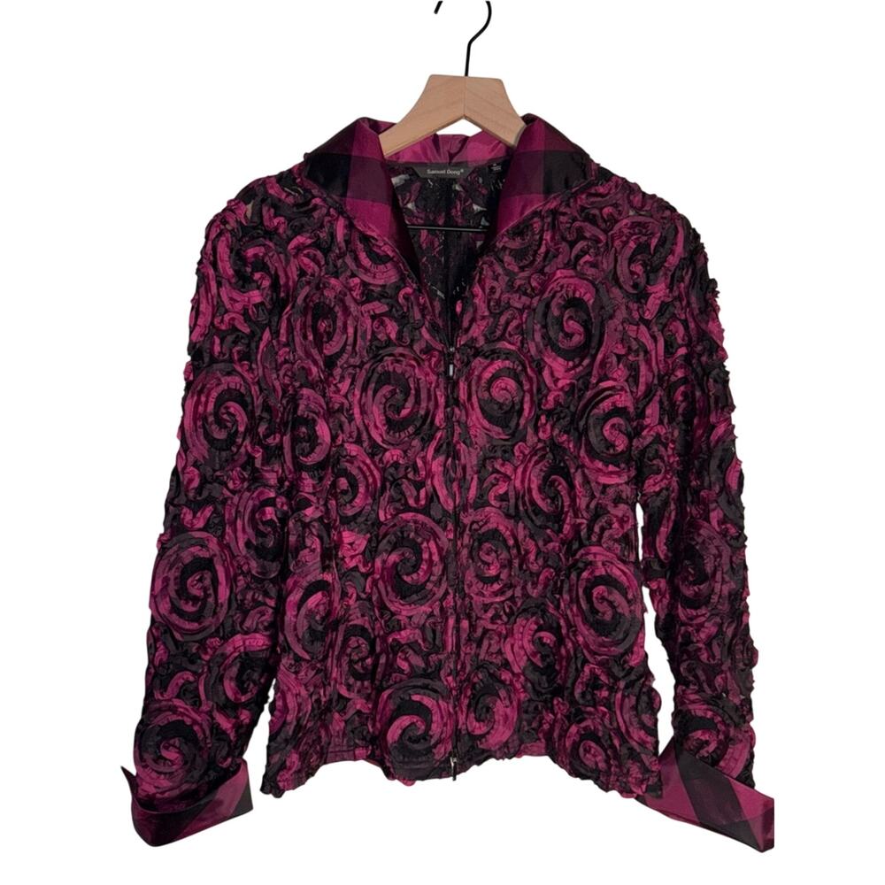 SAMUEL DONG art deco lace textured metallic zip up blouse M